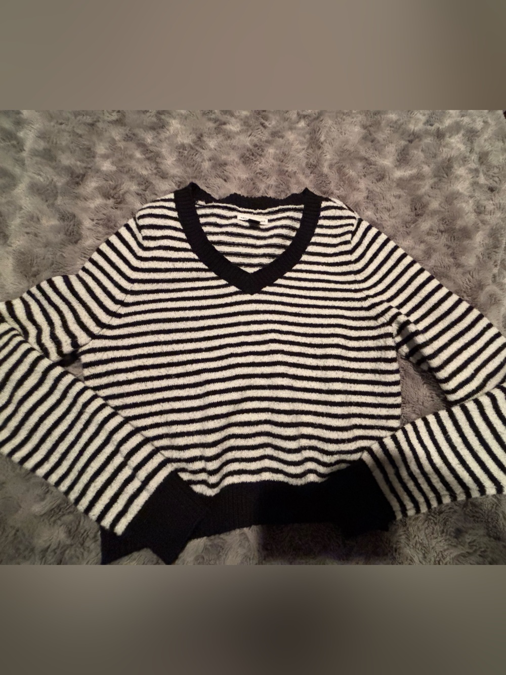 American Eagle Outfitters Black and White Striped V-Neck Sweater